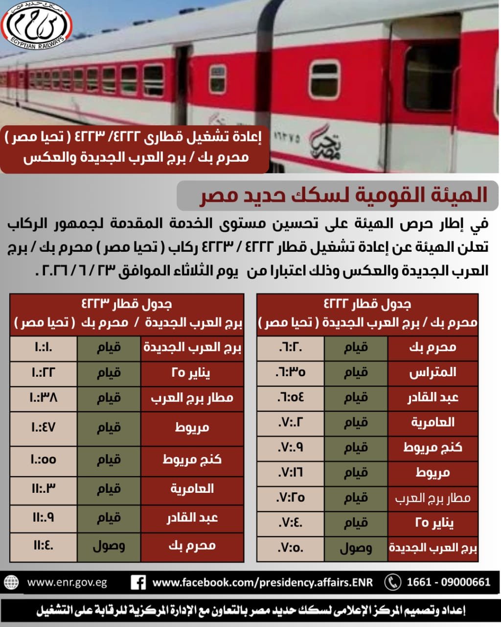 استعدادًا لموسم الصيف.. السكة الحديد تعلن استئناف تشغيل قطار محرم بك برج العرب الثلاثاء المقبل 5 بيان السكة الحديد