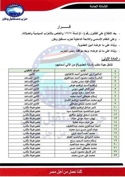 حزب مستقبل وطن يصدر قرارًا بتشكيل هيئة مكتب أمانة العضوية 9 حزب مستقبل وطن يصدر قرارًا بتشكيل هيئة مكتب أمانة العضوية 8